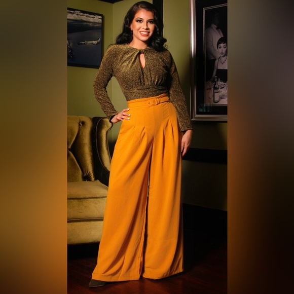 Pinup Couture Pants - Pinup Couture Mustard Wide Leg High-Waist Trousers